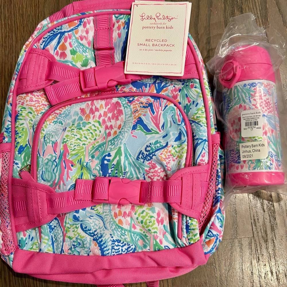 NWT PBK Lilly Pulitzer Small Backpack and Bottle Set - Pink and Green